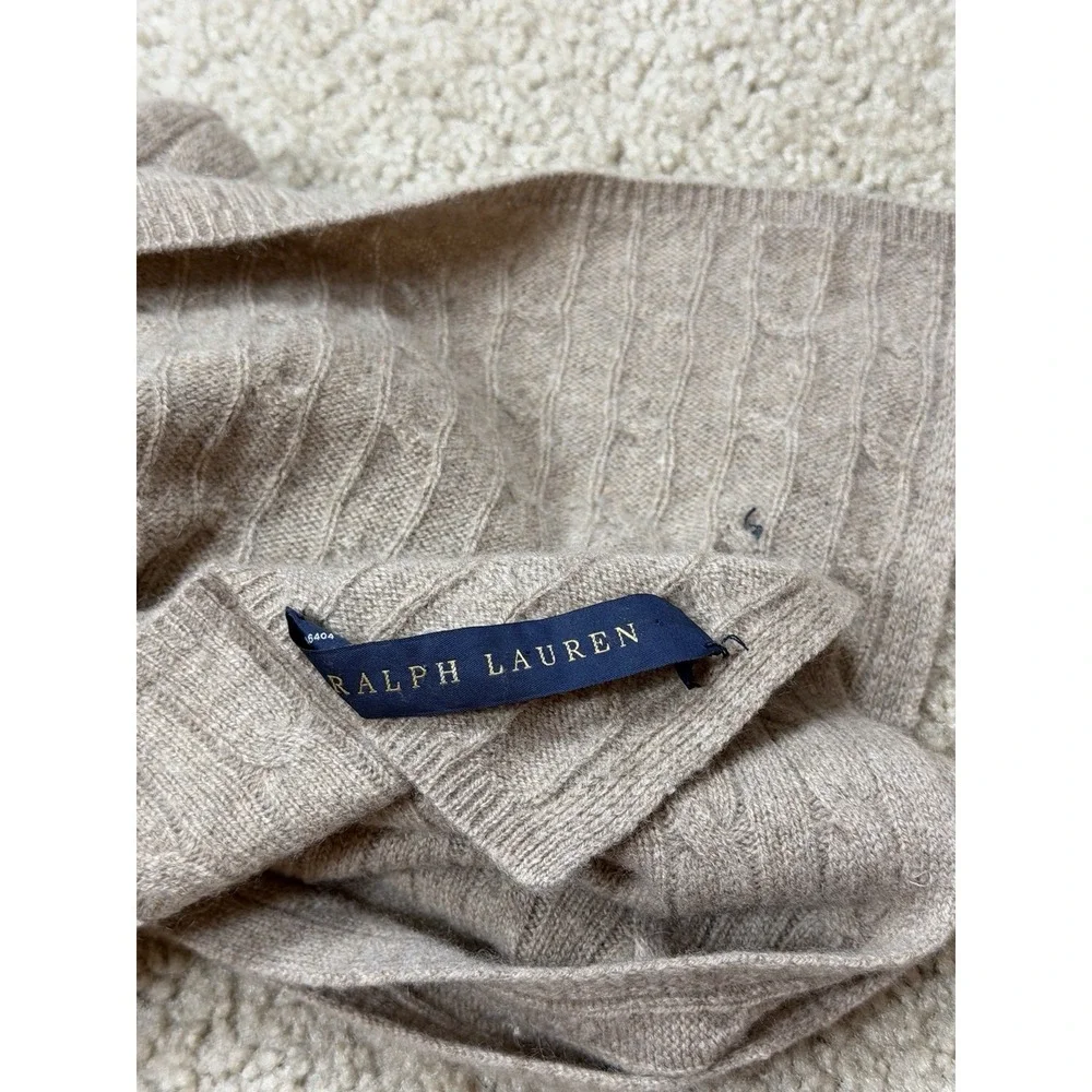 Ralph Lauren 100% Cashmere Cable Knit Blanket Throw Wrap 43x56 + Pillow Tan‎ Set